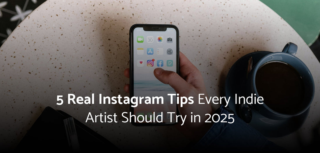 Hand holding smartphone with thumb poised over Instagram app icon, representing social media tips for indie artists in 2025.