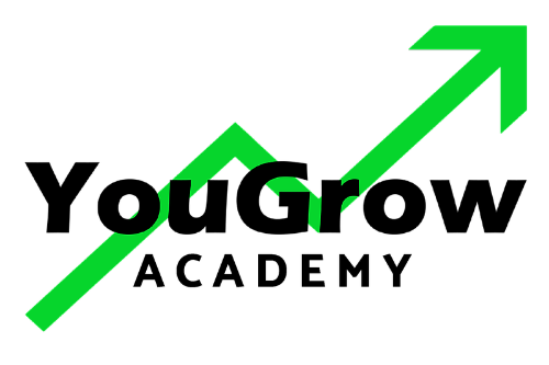 Logo of YouGrow Academy with green arrows and black text on a white background